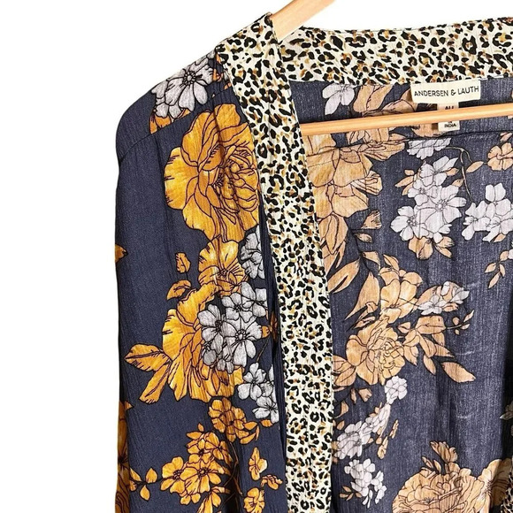 Anthropologie Anderson & Lauth Kimono Womens One Size Blue Gold Floral Cardigan - Picture 2 of 16